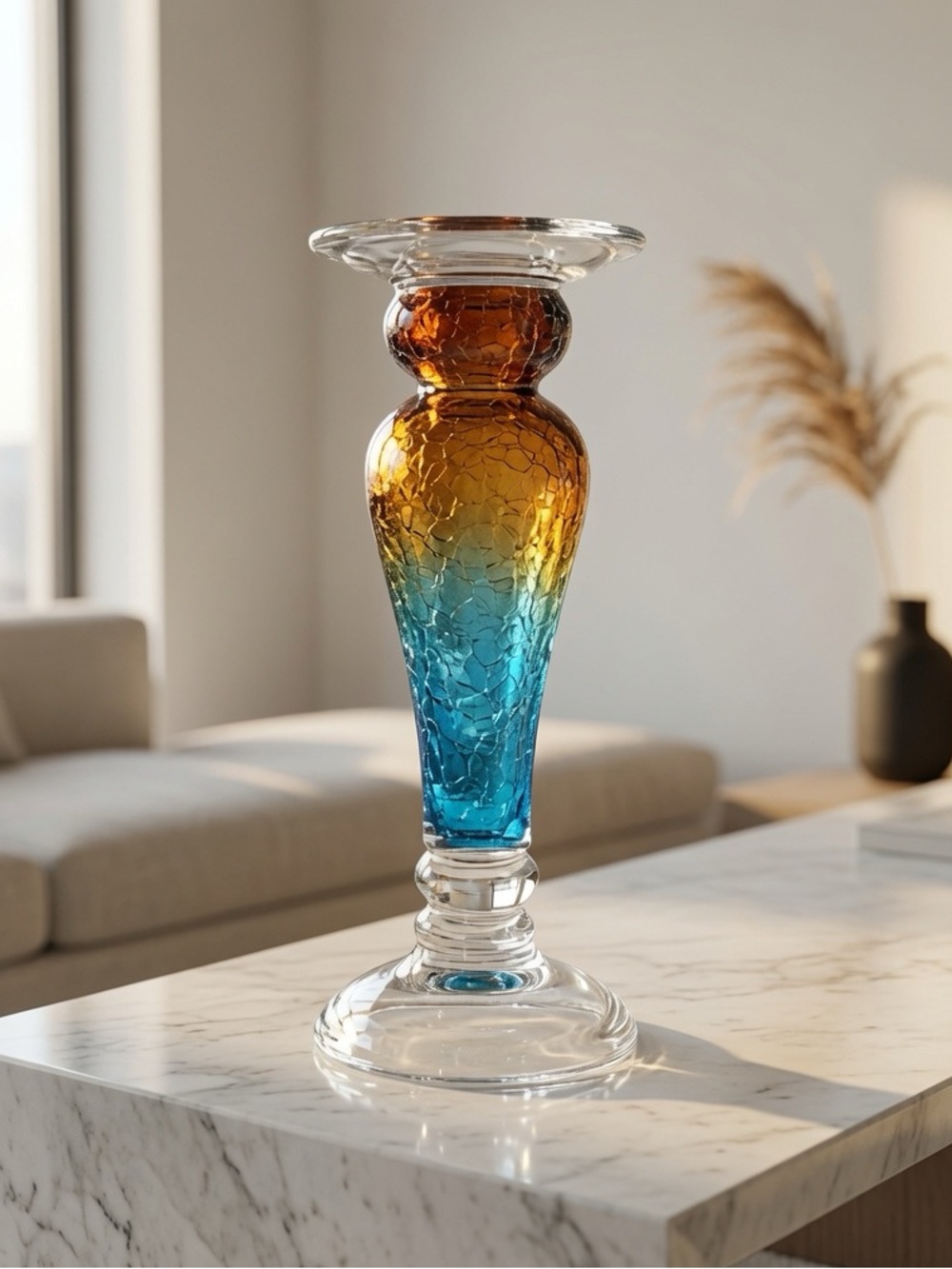 Tall Hand-Blown Crackle Glass Candle Holder – Amber to Aqua Ombré